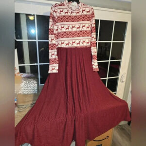 NWT Anika Burke Reindeer & Burgundy Print Fit & Flare Mock Neck Midi Dress XL